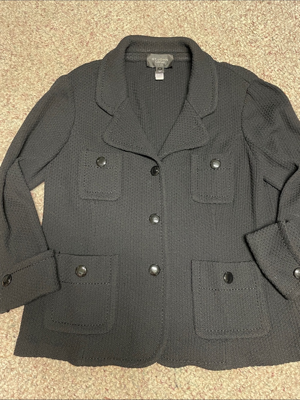 St. John Black Knit Blazer with Button-Flap Pockets- almost new